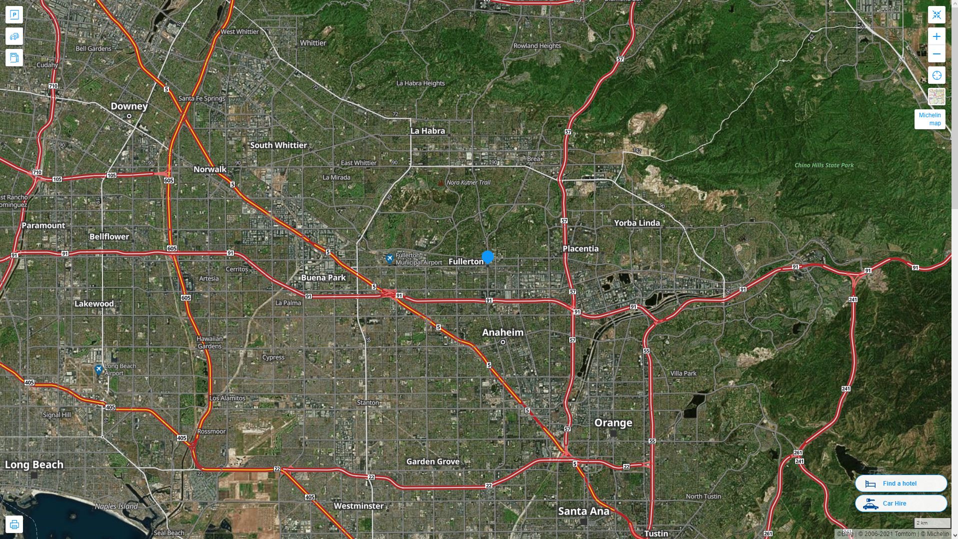 Fullerton California Highway and Road Map with Satellite View